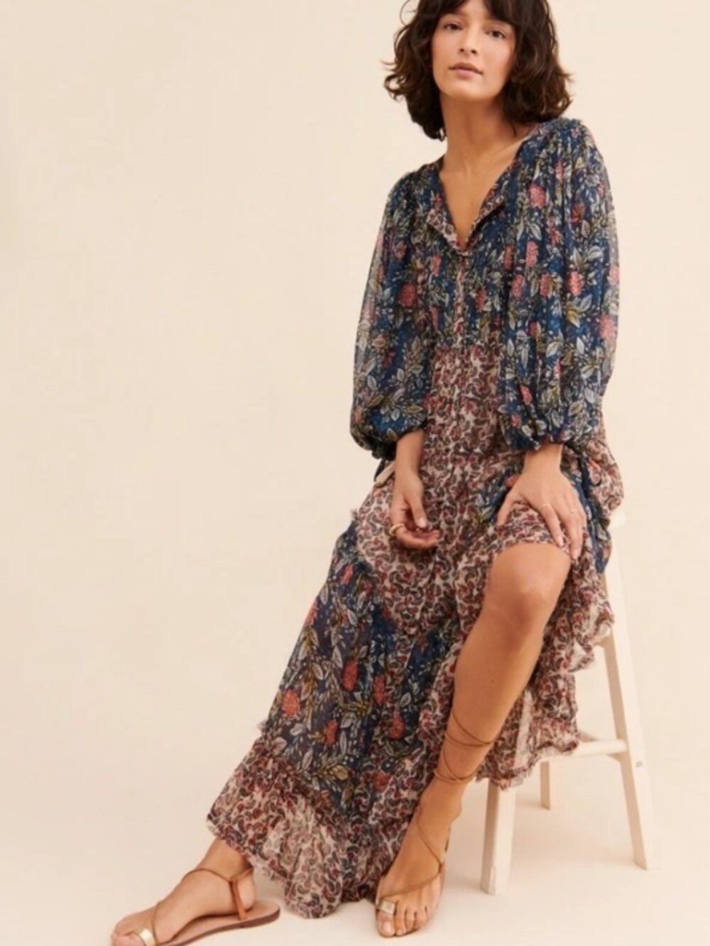 Free People Estelle Chiffon Maxi Dress Blue Combo Multi Print Size M